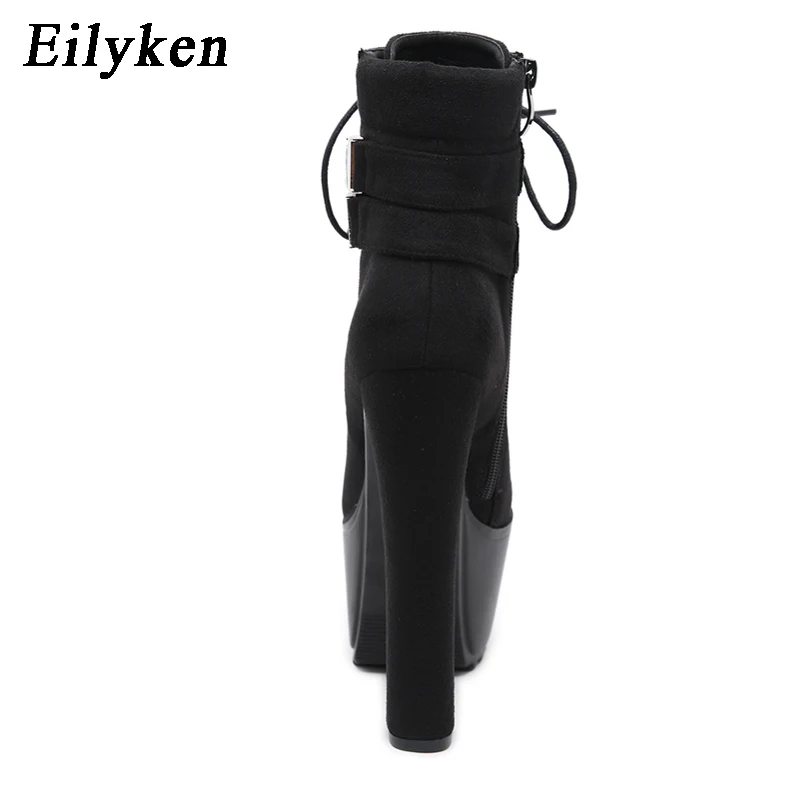Eilyken/Модные женские ботинки хорошего качества; короткие ботинки на высоком каблуке и платформе, с пряжкой, на шнуровке; Черная Женская обувь; коллекция года; сезон осень