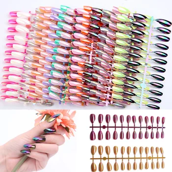 

24Pcs Shiny Metallic False Fake Nails Metal Acrylic Short Reflective Mirror Press Stiletto Fake Nails Nail Art Tips Decorations