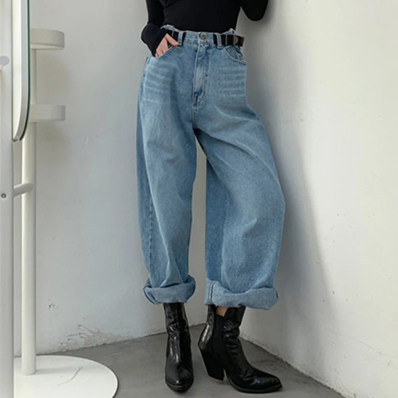 Lazy Wind Vintage Dad Jeans donna taglie forti Jeans stile inglese cintura  Design vita gamba larga Jeans dritti a vita alta mujer|Jeans| - AliExpress