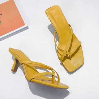 

2020 Women Slippers Summer Outdoor Flip Flops Square Toe High Heels Sandals Ladies PU Shoes Women's Sandals Zapatos Muje