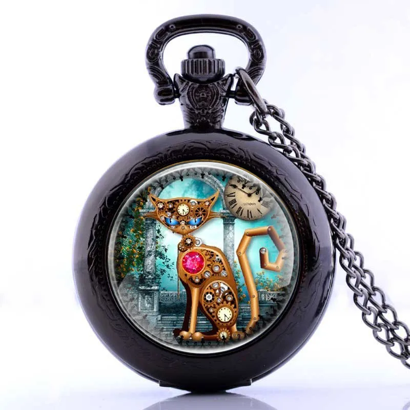 

Vintage Charm Black Unisex Fashion Roman Number Quartz Steampunk Pocket Watch Women Man Necklace Pendant with Chain Gifts