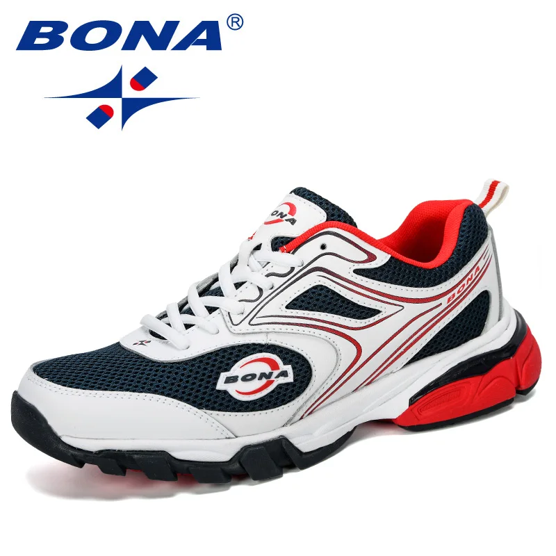White deep blue red BONA/ Новые Дизайнерские повседневные туфли воздухопроницаемые кроссовки для мужчин, мужские кроссовки на плоской подошве, Уличная обувь для отдыха, Мужская модная обувь на шнуровке - Цвет: White deep blue red
