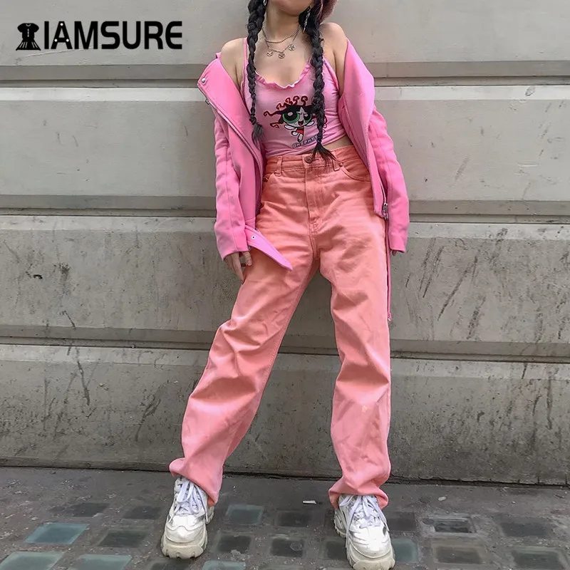 

IAMSURE High Waist Casual Basic Women's Pants 2020 Streetwear Fashion Pink Jeans Pants Female Straight Demin Trousers Harajuku