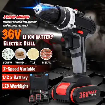 

36V Electric Drill Cordless Impact 2 Speed DIY Electric Screwdriver with Flashlight 6500mah Rechargeable Battery Power Tools