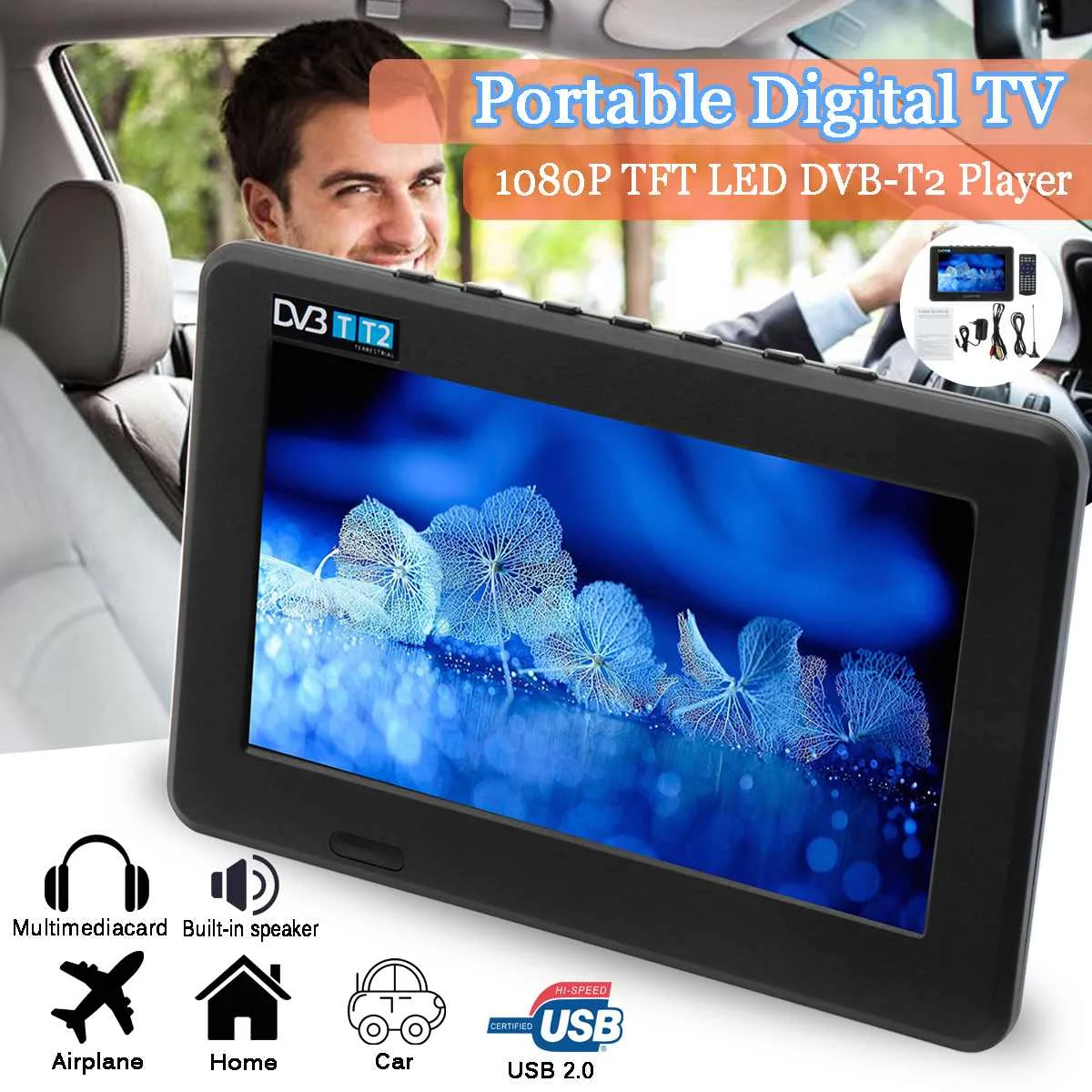 

7 Inches Digital Television Portable HD TV 1080P TFT LED DVB-T2 12V Player MP4 MP3 USB 2.0 AC/DC