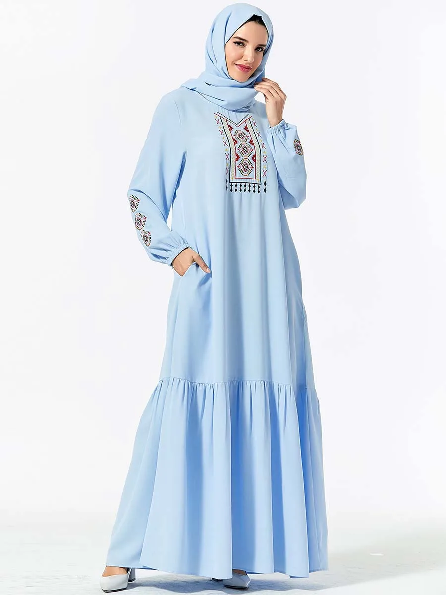 only dress Амадан вышивка длинное мусульманское платье Макси женское абайя Дубай халат платье-Кафтан исламский арабский этнический стиль v-образным вырезом платье осень европейский размер - Цвет: only dress