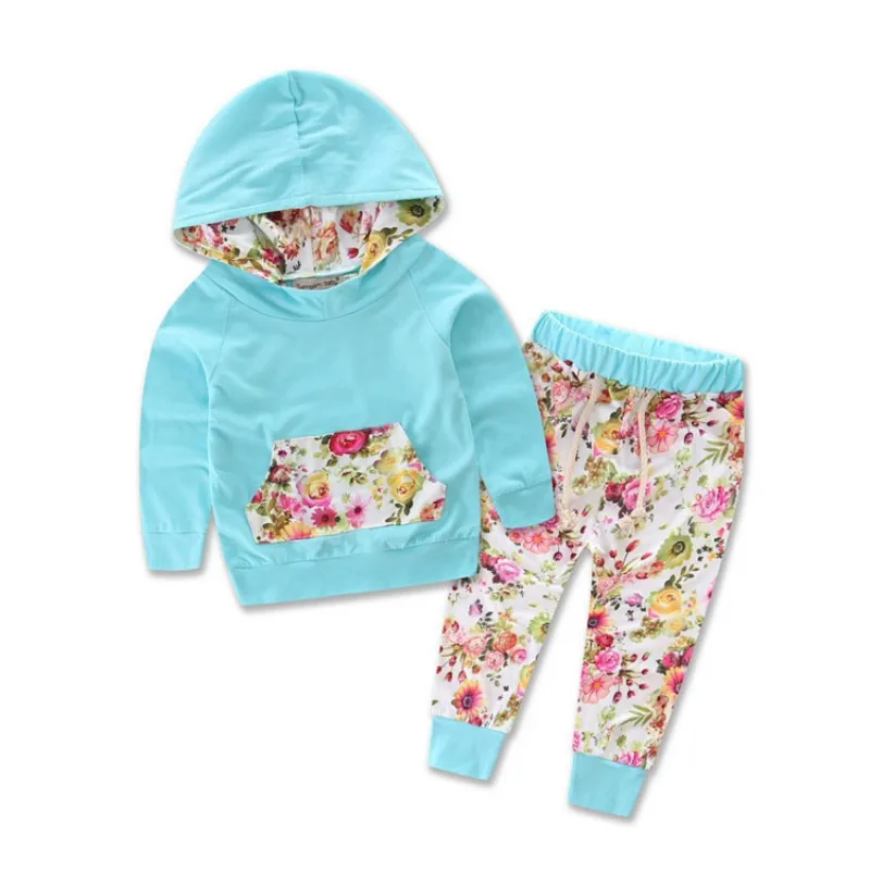 Autumn Baby Girls Long Sleeve Floral Leopard Print Hoodies Patchwork Pullover Sweatshirt Tops+Pants Trouser Kids Clothes Sets Y1 - Цвет: Синий