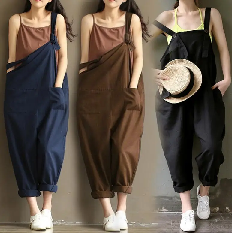 

Plus Size Summer Rompers Womens Jumpsuits Vintage Sleeveless Backless Casual Loose Solid Overalls Strapless Paysuits