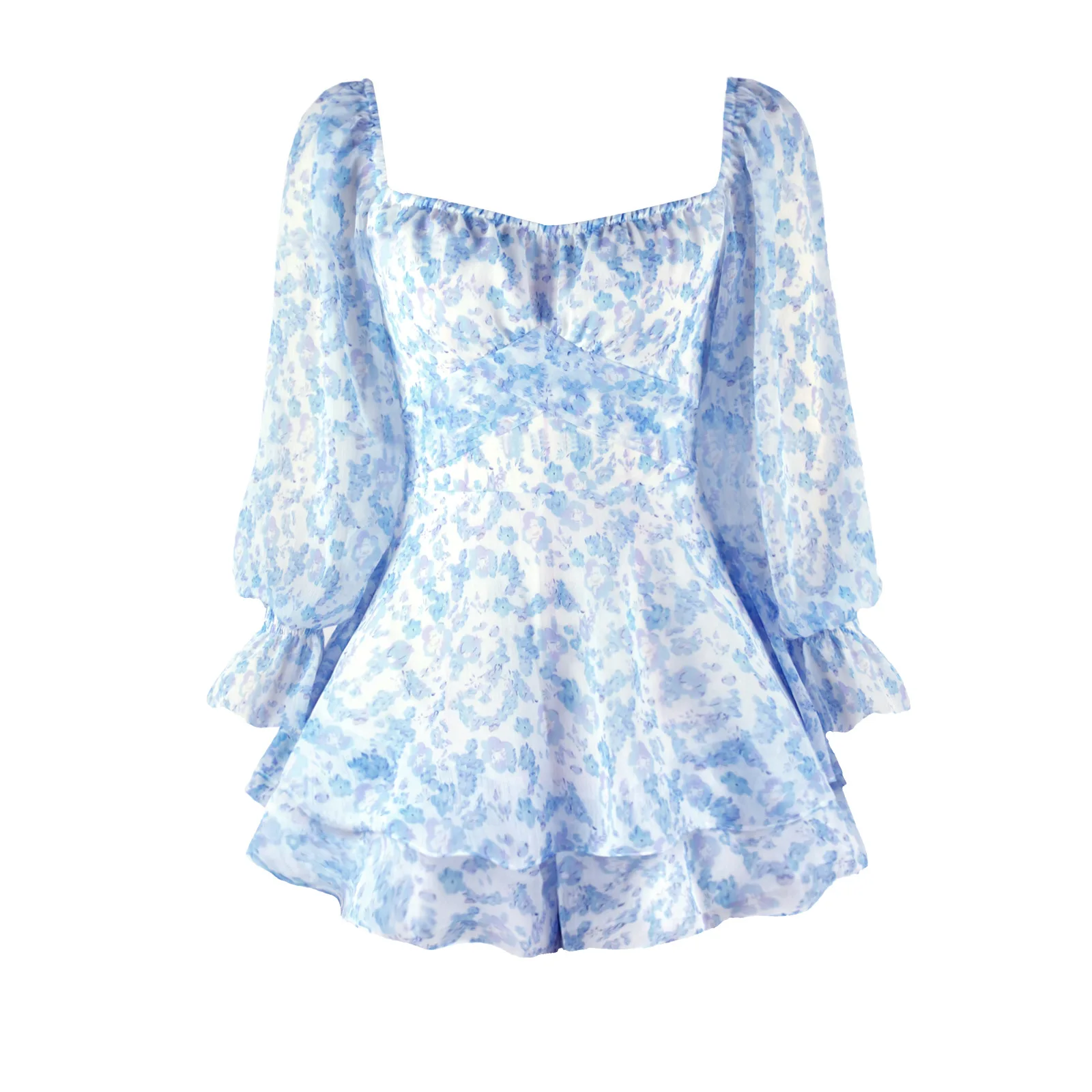여성용 긴 소매 쉬폰 점프수트, 레이스업 러플 플로럴 프린트 롬퍼, 여성용 플레이수트, 섹시한 스퀘어 칼라 점프수트
