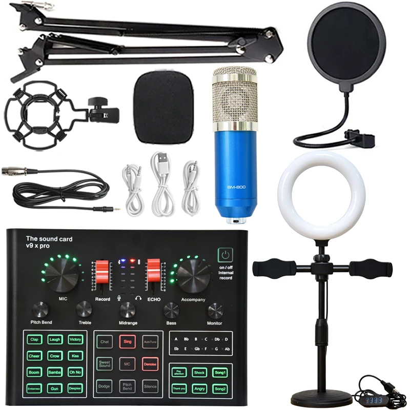 BM 800 Condenser Microphone Sound Card V9XPRO with Ring Fill Light Cantilever Bracket Bluetooth Wireless Live Streaming Kit MIC 