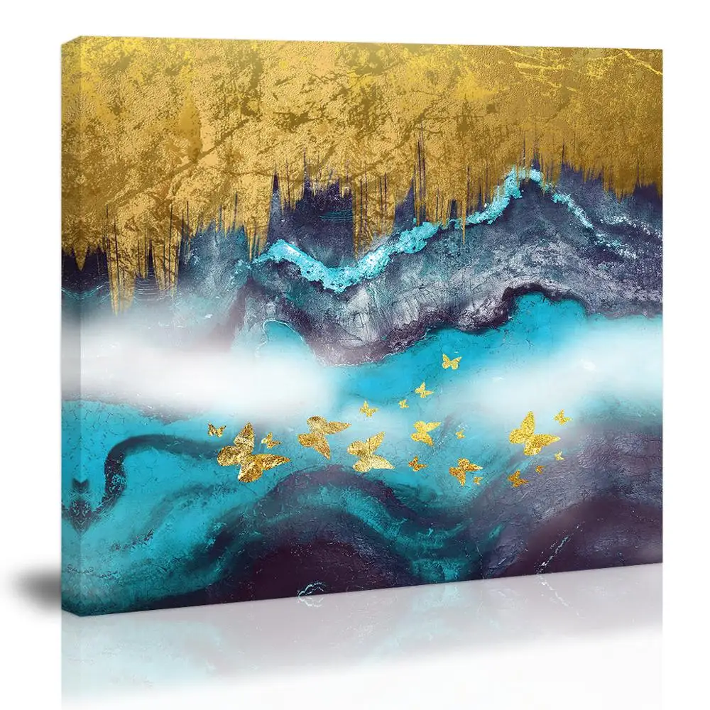 

Golden Blue Modern Abstract Wall Art Decor Tree Butterflies Canvas Painting Kitchen Prints Pictures for Home Living Dining Room
