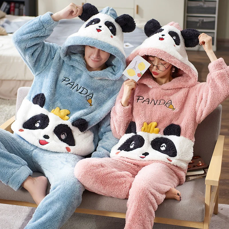 Kawaii Panda пижамы Женские Фланелевые пара размера плюс Одежда для отдыха с капюшоном