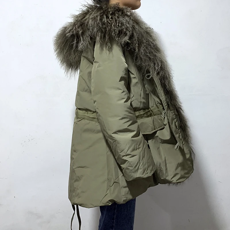 Rf1965 Arrvial женский пуховик с настоящим монгольские овцы с меховым капюшоном из натурального овечьего меха dow куртки