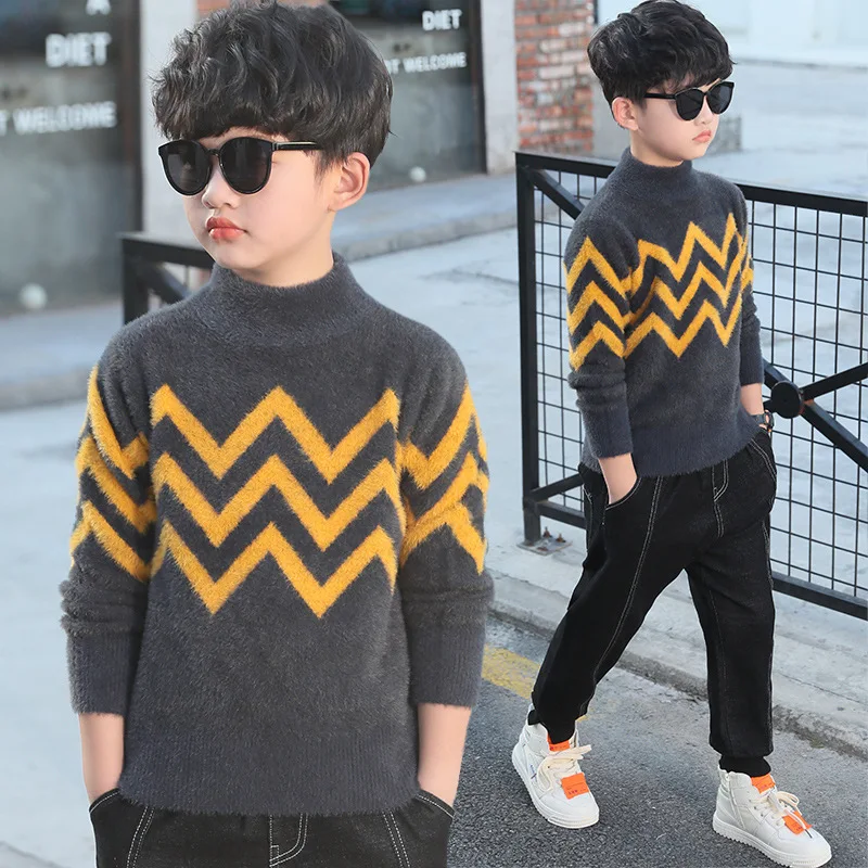 

2019 Autumn And Winter New Style Childrenswear BOY'S Casual Thick Mink Cashmere Wave Sweater Middle And Large CHILDREN'S Sweater