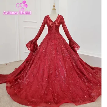 

Deep V Neck Luxury Evening Dress Puffy Sleeves Crystals Celebrity Party Dresses Arabic Gowns Couture Red Prom Dress Abendkleider