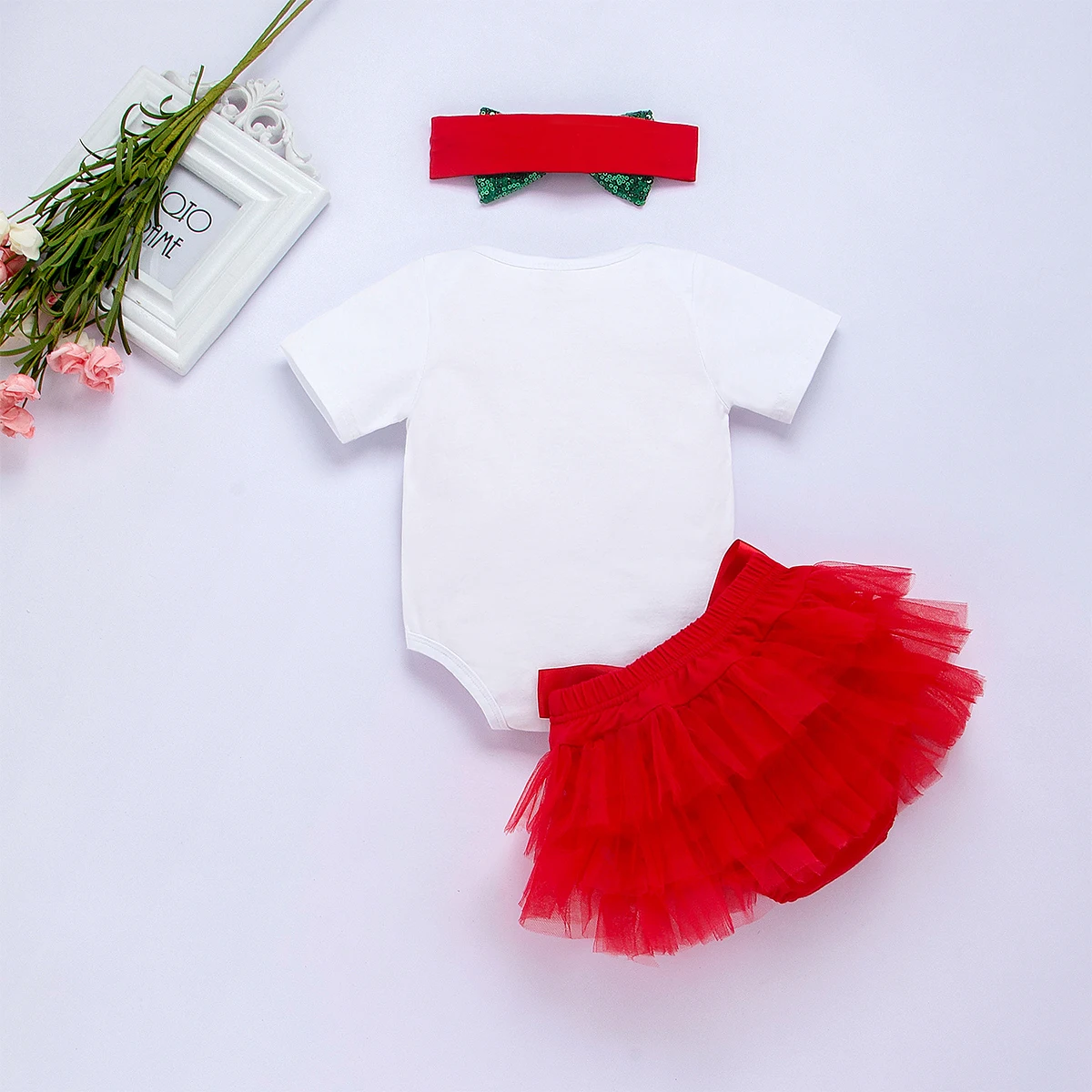 Летняя одежда для малышей, комплект из 3 предметов на Рождество для новорожденных, для маленьких девочек короткий рукав комбинезон Санты+ кружевная юбка-пачка повязка на голову, одежда