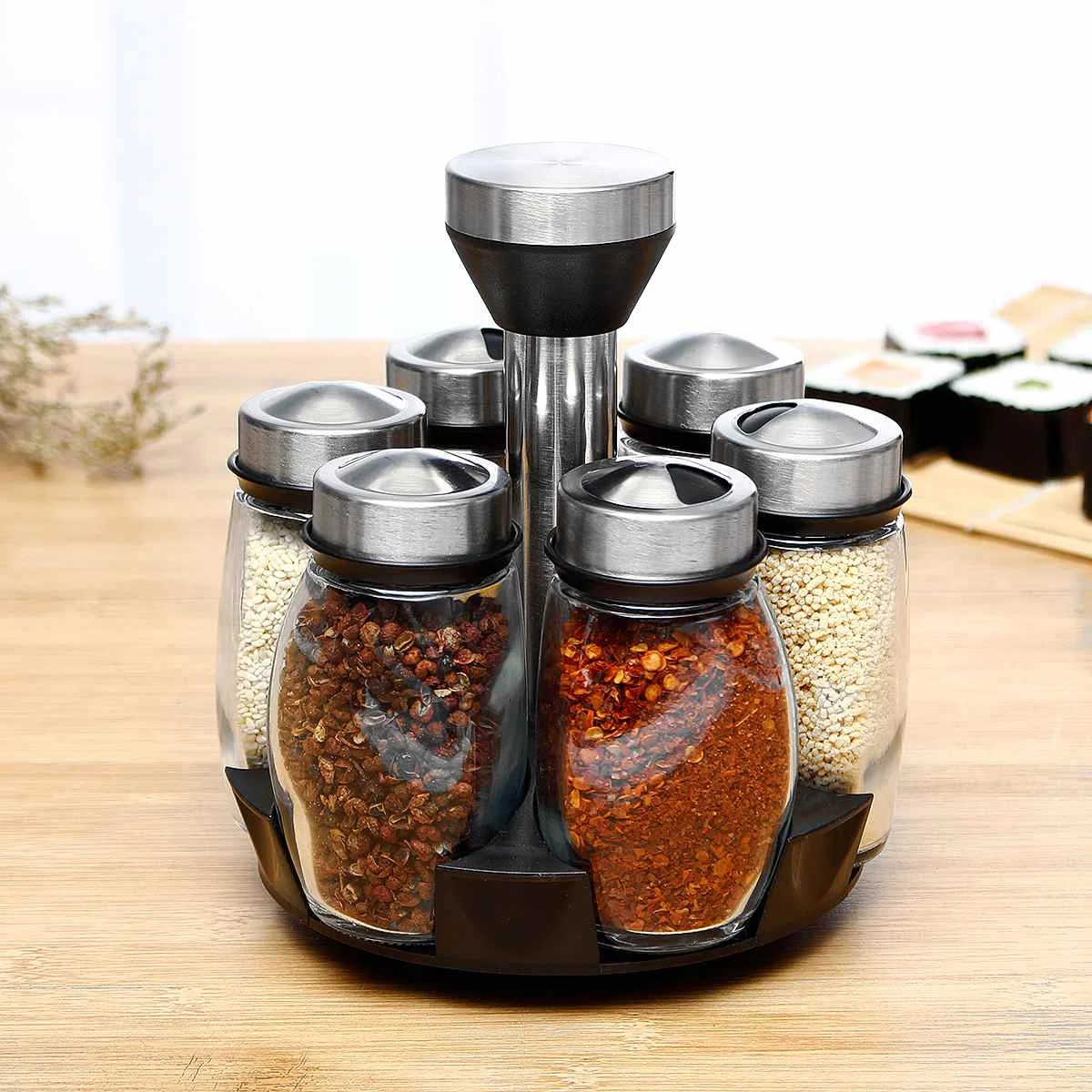 Kitchen Rotating Spice Seasoning Storage Rack Stand Holder 6 Bottles