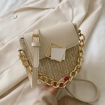 

Contrast color Weave Chain Tote bag 2020 Summer New High-quality Straw Women's Designer Handbag Lock Shoulder Messenger Bag