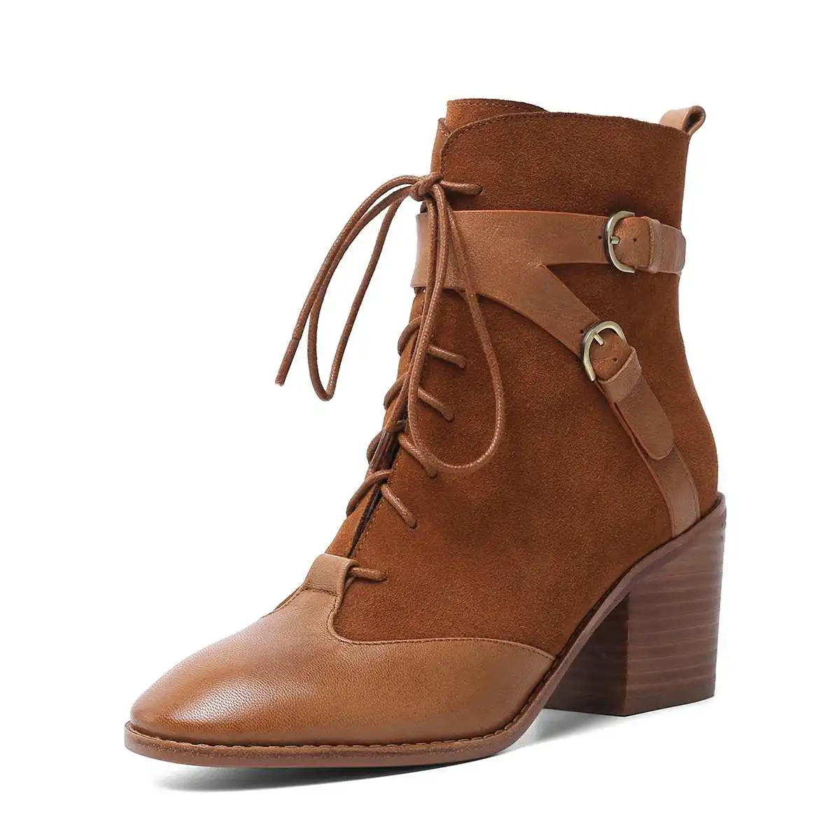 krazing pot sheep leather cow suede lace up thick high heels carving round toe career belt buckle keep warm mid-calf boots l77