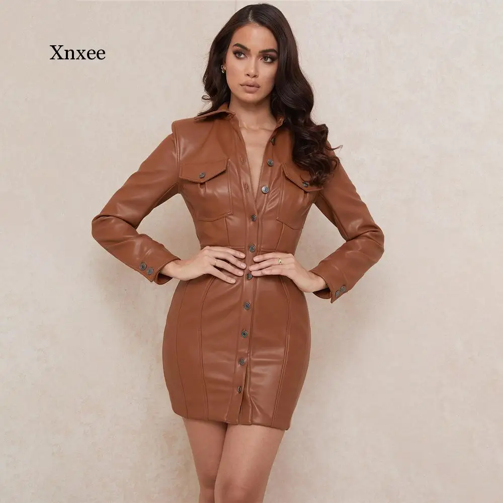 

Sexy Backless Skinny Pu Leather Pencil Dresses for Women Single Breasted Mini Short Dress with Pocket Fashion New Party Vestidos