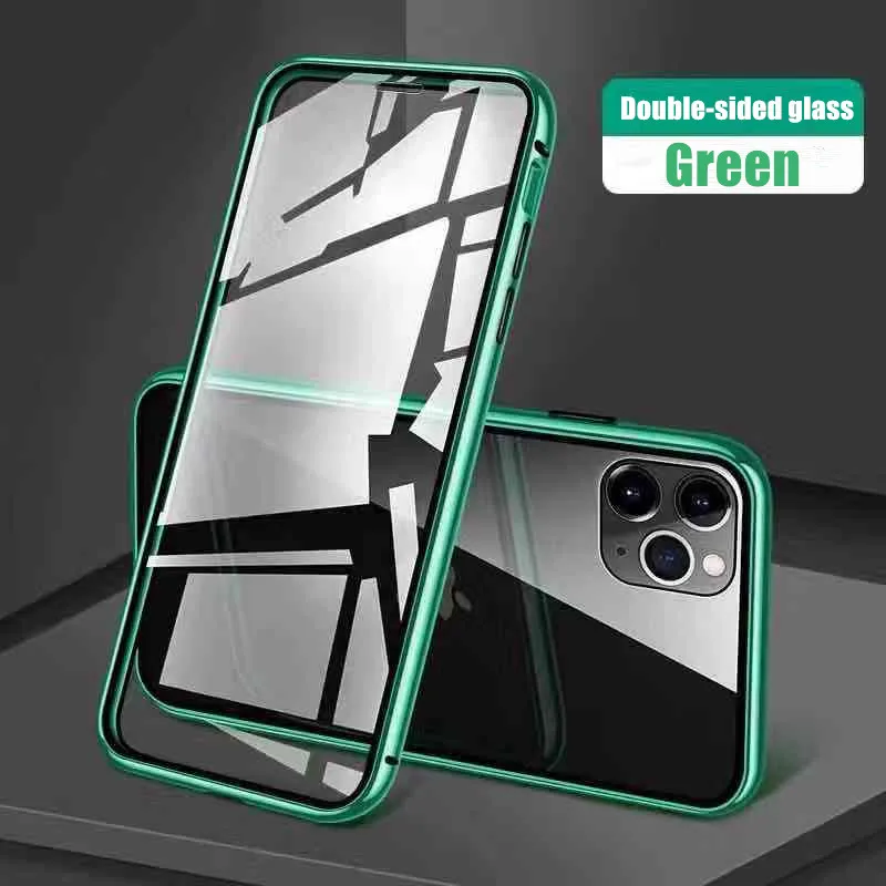 Green Роскошный металлический магнитный чехол для телефона на 360 ° для IPhone 11 Pro X XR XS Max, полное покрытие, стеклянная крышка для IPhone 8, 7, 6, 6S Plus, чехол Fliq - Цвет: Green