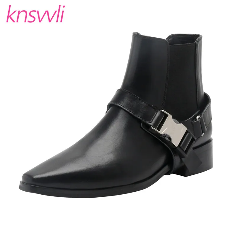 

New Genuine Leather Chelsea Short Boots Woman Chunky Heels Motorcycle Boots Belt Buckle Ankle Boots For Women Zapatos De Mujer