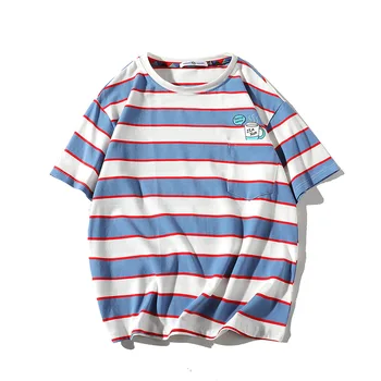 

USUROM 2020 New Fashion Mix Colors Striped T Shirt Men Casual Cup Print Pocket O-neck Loose Tommy Hilfigger Men's T-shirt