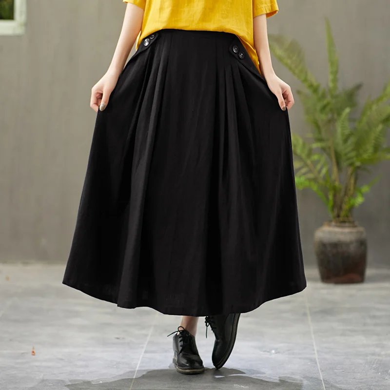 Free Shipping 2021 New Cotton And Linen Women Skirt Summer Long Maxi Elastic Waist Skirts Grey Black Brown a-line Casual Skirts