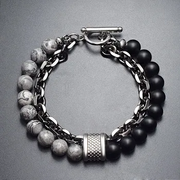 

Natural Frosted Stone Bracelet for Men Boy Double-Layer Chain Link Bangle Wristband Fashion Charm Jewelry