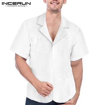 

INCERUN S-5XL Men Short Sleeve Shirt Summer Loose Casual Turndown Collar Tops White Lapel Breathable Male Camisa Plus Size