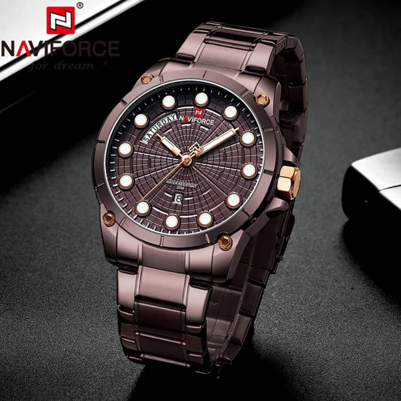 

NAVIFORCE Watch Men Luxury Brown Stainless Steel Men's Wrist Watches Sport Watches for Man Quartz Wrist Watch Men Waterproof