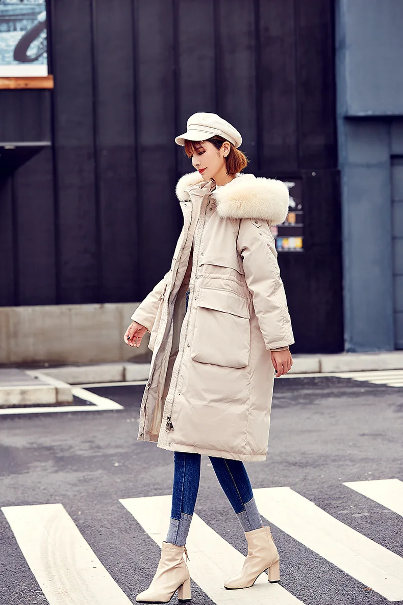 Женский пуховик, ультра большой меховой воротник, белый утиный пух, зима, стиль, свободный крой, корейский стиль, средней длины, плотное пальто