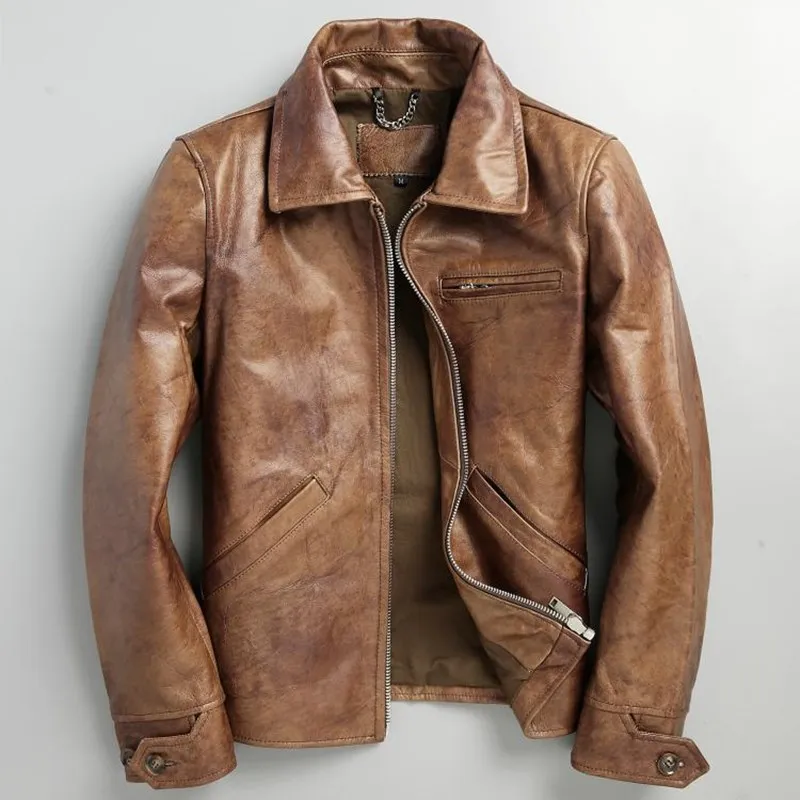 

2020 Vintage Brown Men Casual Leather Jacket Plus Size XXXL Genuine Cowhide Russian Autumn Slim Fit Short Leather Coat