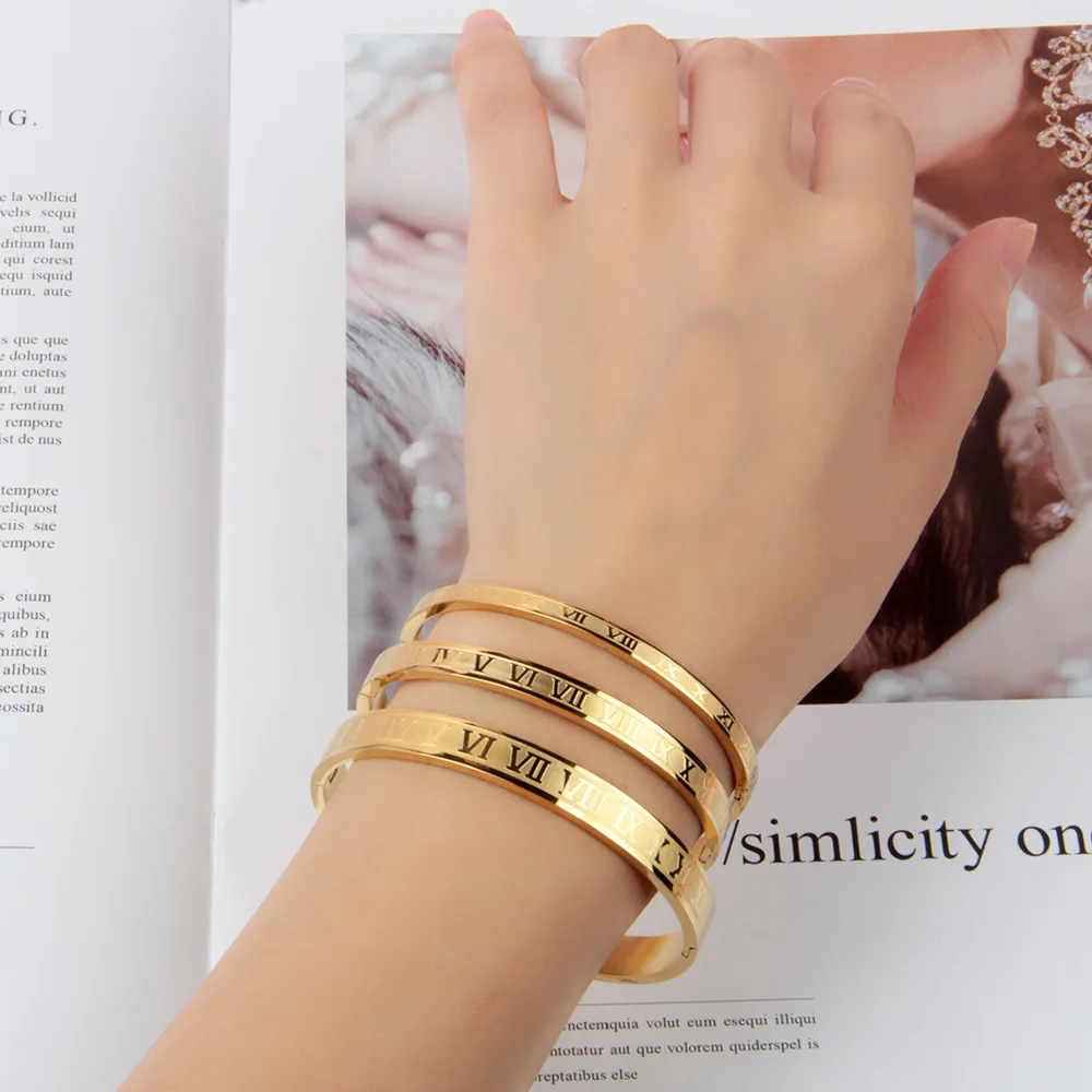 4mm 6mm 8mm Wide Stainless Steel Carving Roman Numerals Gold Color Men Bangle Lover Cuff Bangle Woman Jewelry For Gift D09 bangle bracelet stainless steel bracelet