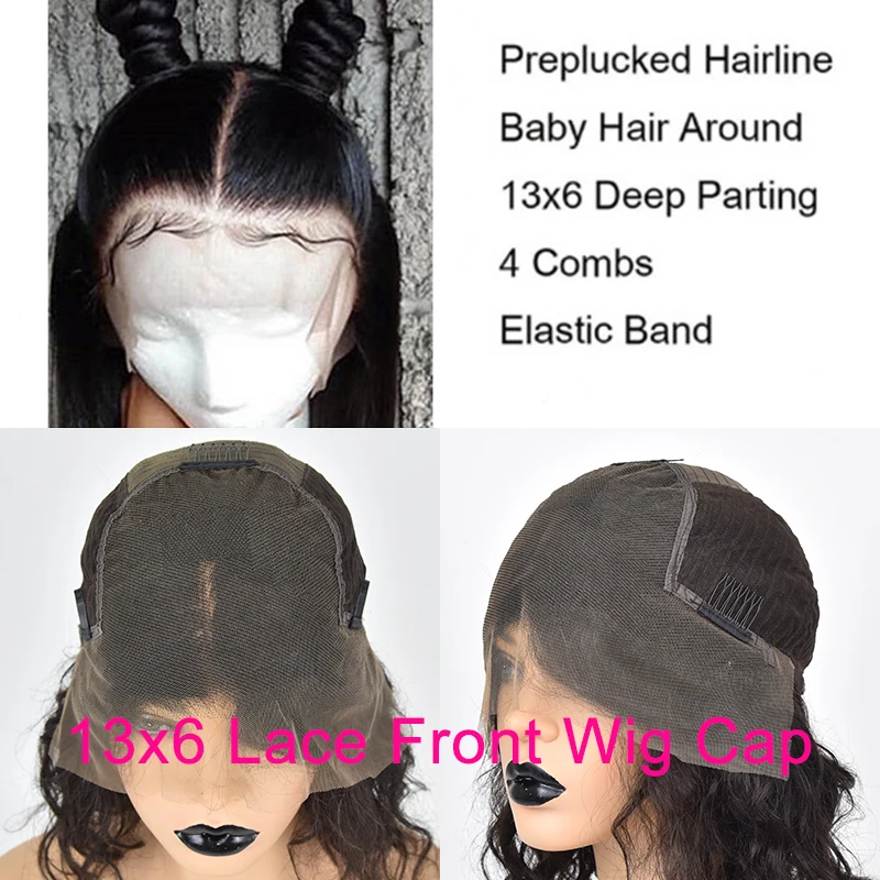 Объемная волна парик 13x6 Синтетические волосы на кружеве человеческих волос парики Синтетические волосы на кружеве парики предварительно вырезанные парик шнурка натуральный черный для Для женщин Remy Hair150