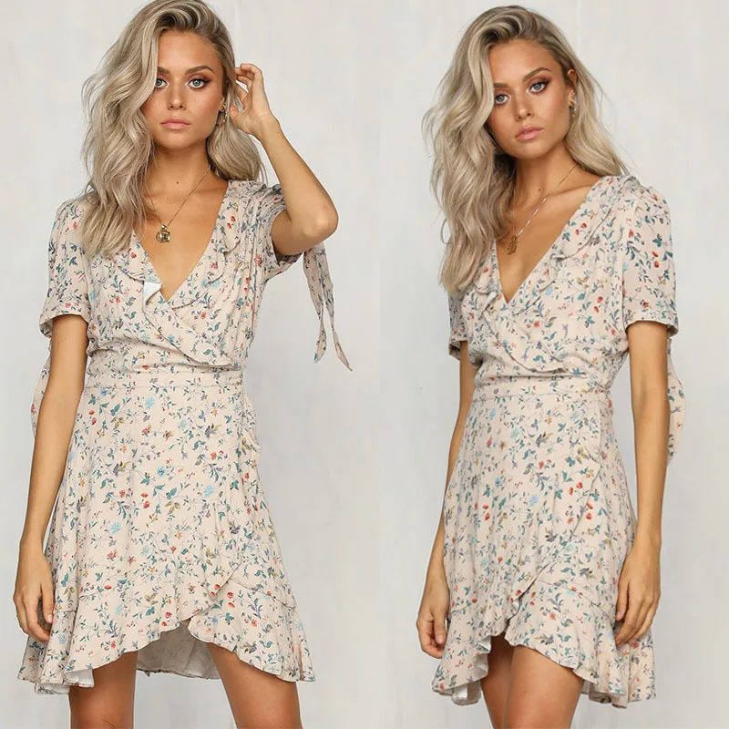 

2019 Summer New Style WOMEN'S Dress Europe And America Sexy V-neck Floral Flounced Dress