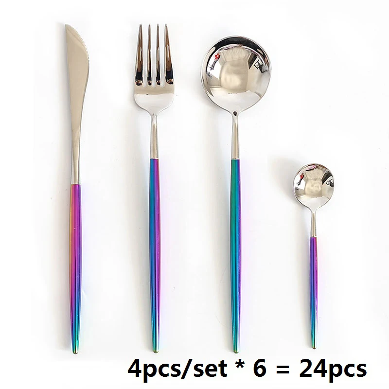 Silver Cutlery 24pcs 24 шт. столовая посуда Корейская королевская Радужная Золотая посуда набор столовых приборов столовый нож ложка набор вилок из нержавеющей стали западное серебро - Цвет: Silver Cutlery 24pcs