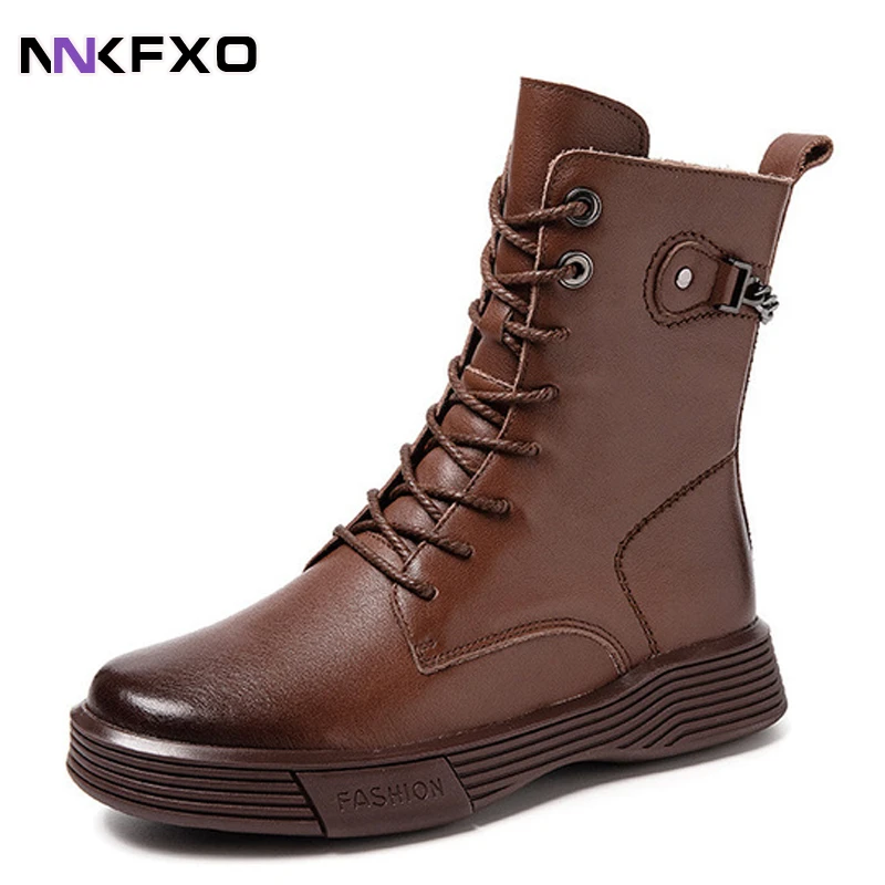 Botines de piel auténtica para Mujer, Botas planas con cordones, Estilo  Vintage Punk, para Otoño e Invierno - AliExpress Calzado