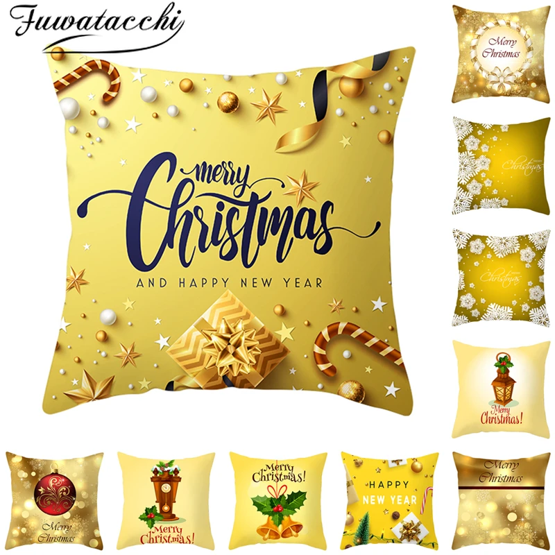 

Fuwatacchi Gold Christmas Pattern Cushion Cover New Year Gift Throw Pillow Covers for Home Sofa Decorative Pillowcases 45*45cm