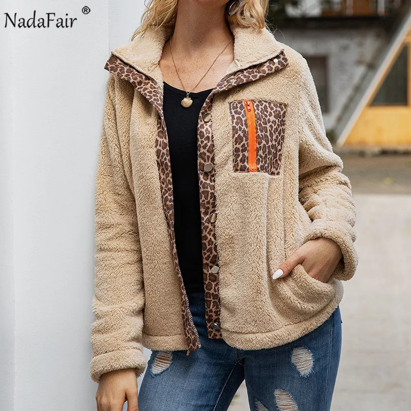 Nadafair зимняя меховая куртка пальто леопардовая Лоскутная пуговица ленивый пушистый размера плюс плюшевое пальто женское плюшевое повседневное пальто - Цвет: Бежевый