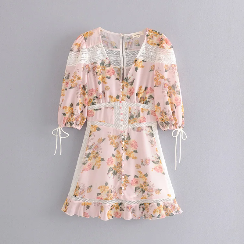 

Ozhouzhan 2019 Spring And Summer New Style Drawstring Lace Skirt Printed Lace Joint Loose-Fit V-neck Dress