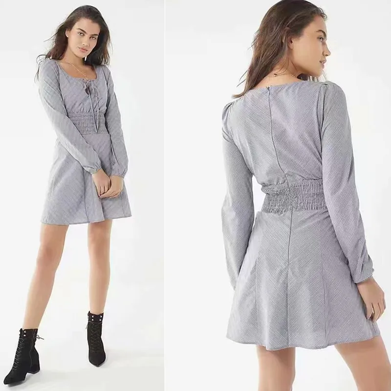 

19 Western Style Casual Plaid Slimming Long Sleeve Neckline Lace-up Pleat And Waisted WOMEN'S Dress