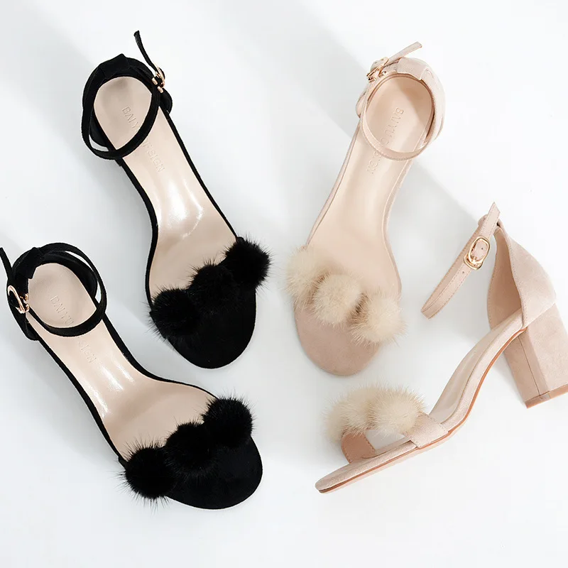 

Fu No. Furry Ball Sandals Women's Summer 2019 New Style High-Heel Chunky-Heel Furry High Heel Shoes Plush A- line with Open Toe