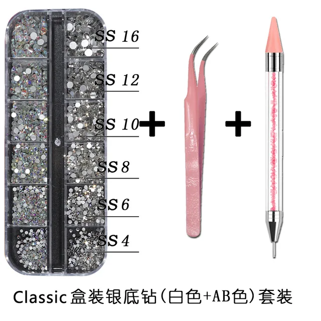 1Box Multi Size Glass Nail Rhinestones Mixed Colors Flat-back AB Crystal With tools 3D Charm Gems  Manicure Nail Art Decorations 01