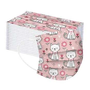 

100PC Adults Cute Cartoon Cats Flower Pattern Printing Pink Facemask Disposable 3 Layer Non-woven Elastic Ear Loop Mouth Mask