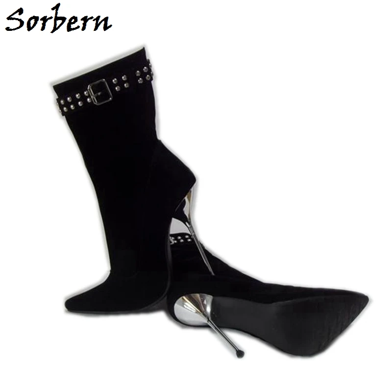 

Sorbern Fashion Ankle Boots For Women Steel High Heels Pointed Toe Short Ladies Boot Rivets Woman Shoes Big Size 12Cm 14Cm Heels