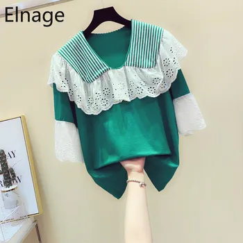 

Doll Collar Lace Stripe Stitching Cotton Women T Shirts Short Sleeve Tops 2020 Summer New Korean Loose Half-sleeved Tees 5A963