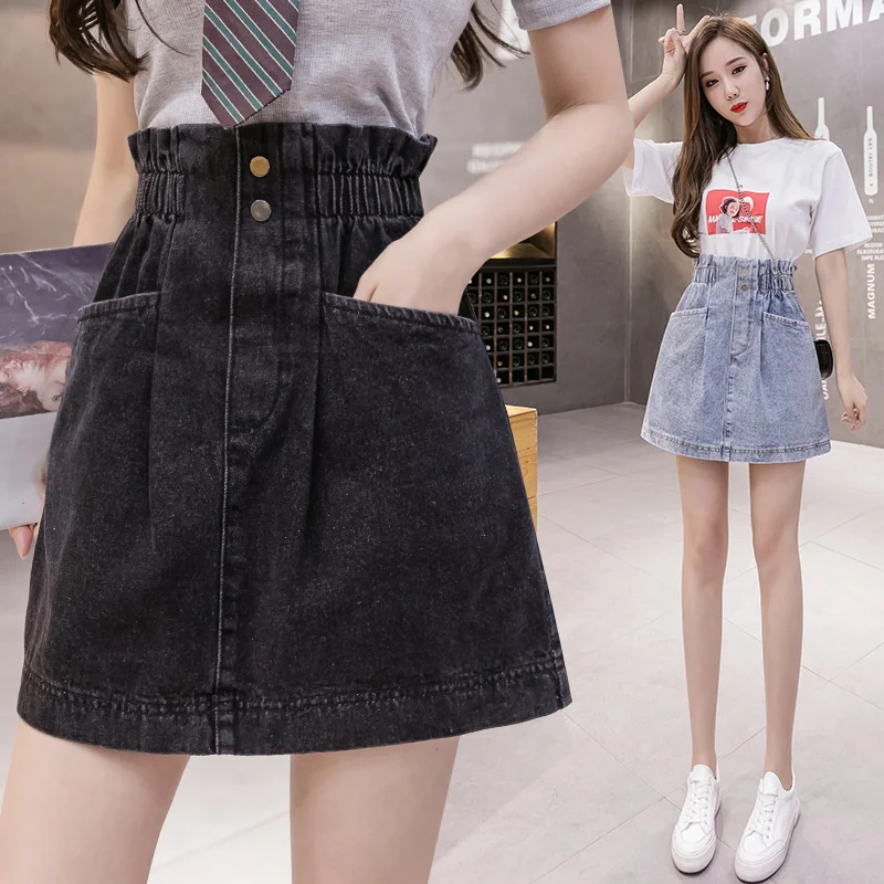 

2020 Summer New Korean Version of The Wild Elastic High Waist Skirt Big Pocket Denim A Word Short Skirt Women's