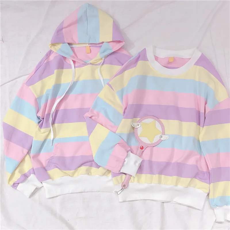  Harajuku Rainbow Stripe Hoodies Women Sweatshirt Korean Style Matching Outfits Loose Pullover for S