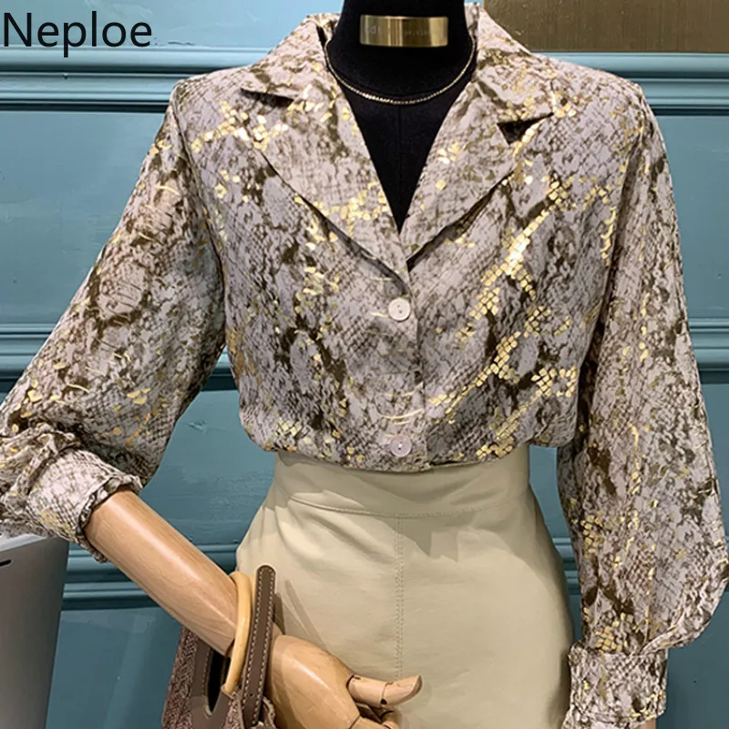Neploe отложной воротник длинный рукав принт дизайнерская блузка для женщин